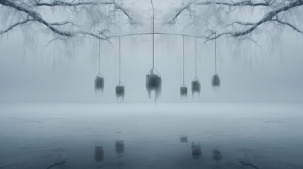  a foggy day with a bunch of bottles hanging from the branches of a tree in front of a body of water.  generative ai - obrazy, fototapety, plakaty