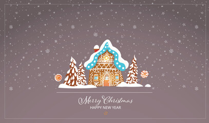 Christmas greeting card with gingerbread house and snowflakes in the night sky