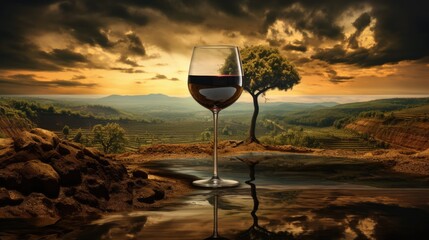  a glass of wine sitting on a table with a view of a valley and a lake in the foreground.  generative ai