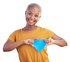 Happy, love and portrait of black woman with heart on isolated, png and transparent background. Emoji, social media and person smile with shape, sign and symbol for valentines day, care and kindness