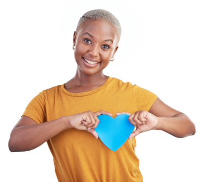Happy, love and portrait of black woman with heart on isolated, png and transparent background. Emoji, social media and person smile with shape, sign and symbol for valentines day, care and kindness