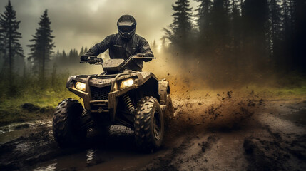 All-terrain ATV Quad Rider on blurred motion mud dirt road at rainy - obrazy, fototapety, plakaty