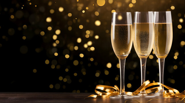 Two Glasses of champagne at new year party with copy space text bokeh background