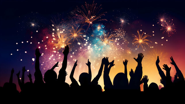 Crowd of people celebrating with new year night with colorful fireworks on sky
