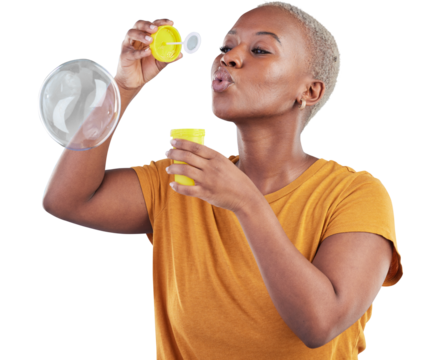 Black woman, blowing bubbles and wand standing isolated on a transparent PNG background. Face of African female person or model playing with bubble stick for fun soap or playful break in relax