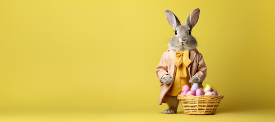 Easter rabbit in cool fancy suit with a basket of colourful eggs, popping yellow background