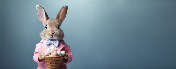 Waist-length portrait of stylish bunny in cool fancy suit with a basket of Easter colorful eggs