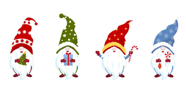 Seamless horizontal pattern with cute hand-drawn Christmas gnomes on a white background .Vector New Year illustration