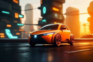 Fototapeta na wymiar a brand-less generic concept car. Orange sports car on the road in the city.