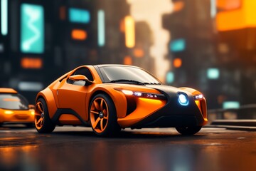 a brand-less generic concept car. Orange sports car on the background of the night city.