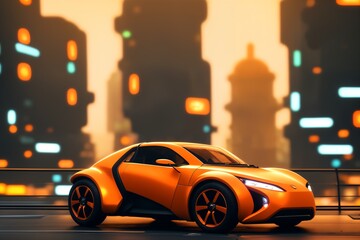 a brand-less generic concept car. Modern orange car on the road in the city