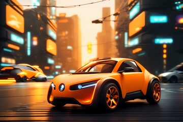 Fototapeta na wymiar a brand-less generic concept car. modern orange car on the city background.