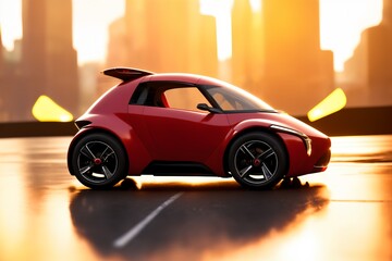 a brand-less generic concept car. Sport car on the city street at sunset. 