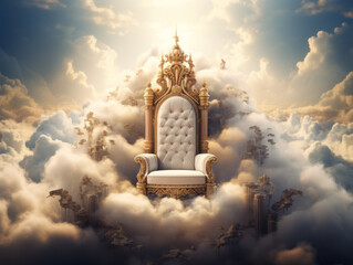 A white throne in the middle of white clouds. A throne in the sky. - obrazy, fototapety, plakaty