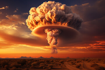 illustration of a nuclear explosion over the desert. Created with Generative AI