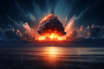 illustration of a nuclear explosion over the sea. Created with Generative AI