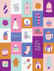 Advent calendar Bright Christmas. Winter holidays. Christmas attributes. Christmas banner. Vector illustration.