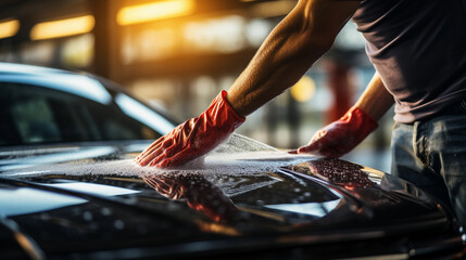 Close up of a mans hand cleaning his car - obrazy, fototapety, plakaty