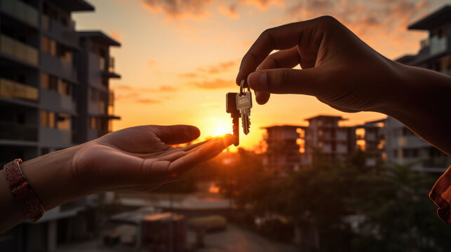 Handover of keys between two individuals against the backdrop of modern apartment buildings. Concept of property ownership and transfer.