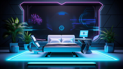 Futuristic bedroom with furniture, empty apartment or space ship interior. generative ai