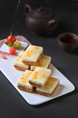 Plate of eggnog creme brulee on the table for Christmas