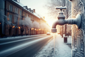 Frozen faucet on the street on a winter morning - obrazy, fototapety, plakaty