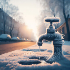 Frozen tap on a snowy street on a winter morning