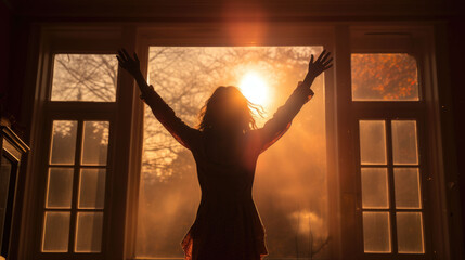 A silhouette of a person raising their hands by a window, with trees visible outside. The concept of joy from a new day and the excitement of purchasing a new apartment.