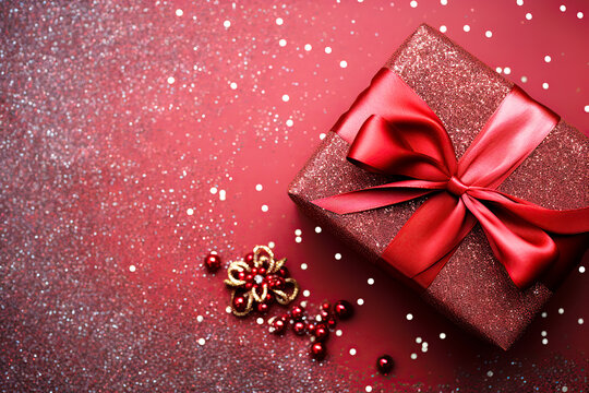 Christmas red glitter gift box with ribbon bow, new year present on magic bokeh background with copy space. Winter holidays festive greeting card.