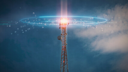 5G 4G Telecommunication tower. Telecom Antenna and Satellite Mobile Signals and Radio Waves Animation concept - obrazy, fototapety, plakaty