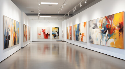 Modern minimalistic art gallery with beautiful paintings on a white wall