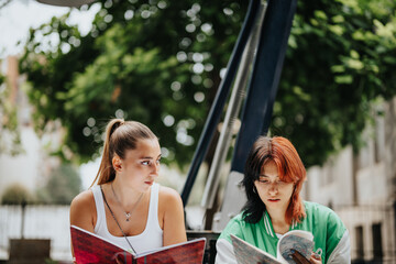 Casually dressed high school girls studying outdoors, discussing a school project, writing homework, and preparing for an exam. They enjoy learning and teamwork in a lovely setting.