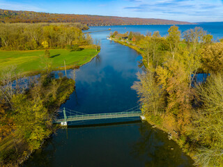 Fall, autumn, drone aerial image with view of Stewart Park at the south end of Cayuga Lake, Ithaca New York.	
