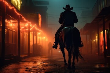 Cowboy at Rainy Night in the modern City