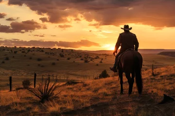 Selbstklebende Fototapeten Cowboy horseman riding a horse in desert against mountain suset background © gankevstock