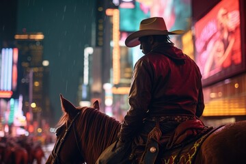 cowboy on horse at crowded night street with blurred neon lights background