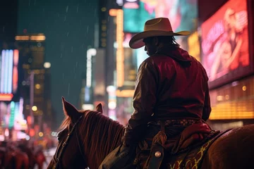 Foto auf Acrylglas cowboy on horse at crowded night street with blurred neon lights background © gankevstock