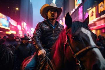 cowboy on horse at crowded night street with blurred neon lights background