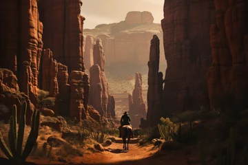  Cowboy’s Solitary Journey through the Desert Canyon © gankevstock