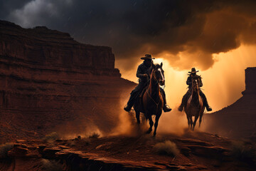 Fototapeta premium Dramatic Desert Storm with Cowboys Riding