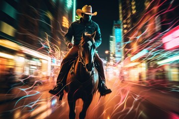 Fototapeta na wymiar Horse Ride in the Modern City street under the neon lights