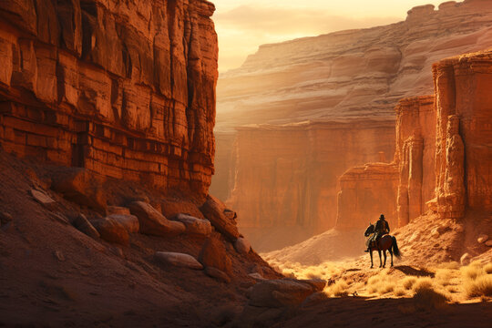 horseman is riding a horse through a canyon