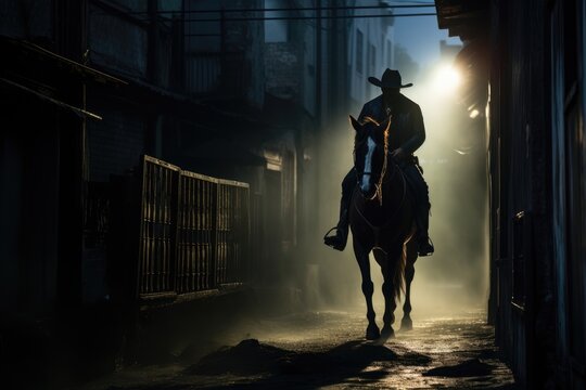lone cowboy ride in western town alley at night