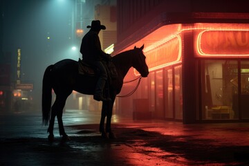 night horse ride in modern city streets under neon light