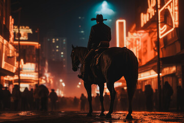 night horse ride in modern city streets under neon light