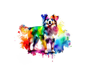 Fototapeta premium Hund, Hündin in regenbogen bunten Wasserfarben mit Spritzern und Kleksen vor einem weißen Hintergrund als Vorlage für Design Haus- und Nutztiere, Beschützer, Tierhaltung, Hunde, Züchter, Begleiter 