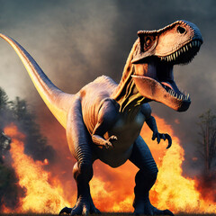 tyrannosaurus rex dinosaur in fire - obrazy, fototapety, plakaty