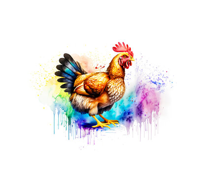 Huhn, Henne in regenbogen bunten Wasserfarben mit Spritzern und Kleksen vor einem weißen Hintergrund als Vorlage für Design Haus- und Nutztiere, Bauernhof, Tierhaltung, Vögel, Geflügel, Züchter 
