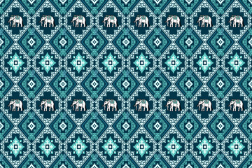 Traditional Damask Thai Elephant Pixel Art Seamless Pattern.  Vector design for fabric, tile, carpet, embroidery, wallpaper, and background