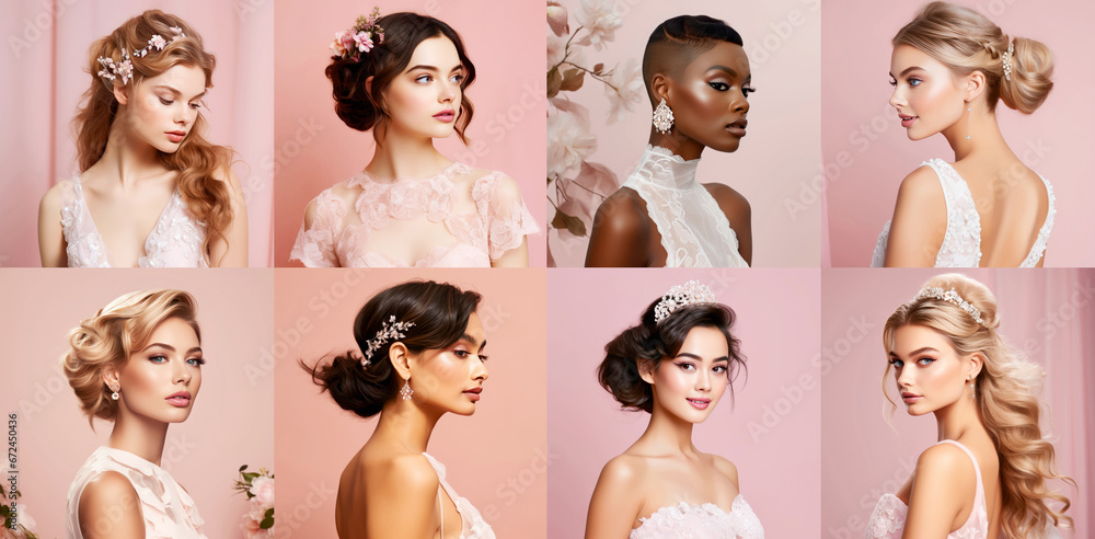 Wall mural collage with bridal hairstyles and makeup collection. romantic and trendy look for wedding celebrati